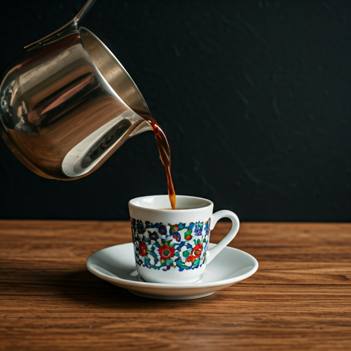 Artistic pouring of Turkish coffee into an espresso cup