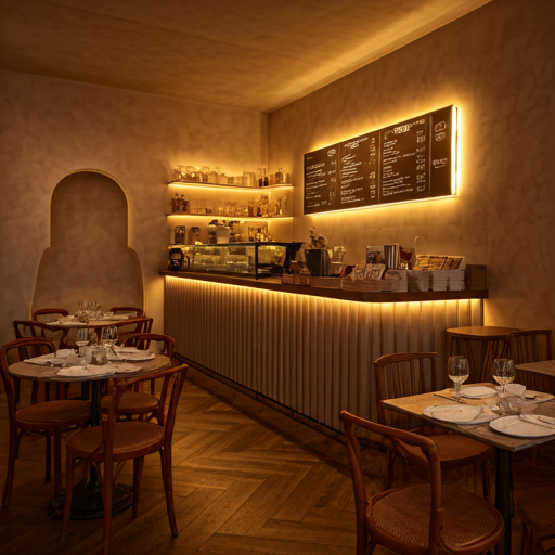 Cozy modern Italian cafe interior with warm lighting